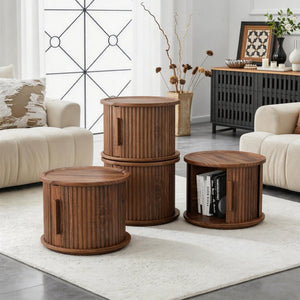 English Elm 4piece Walnut Nesting Tables Fluted Column Base with Sliding Cabinet Storage Accent Set W578S00032