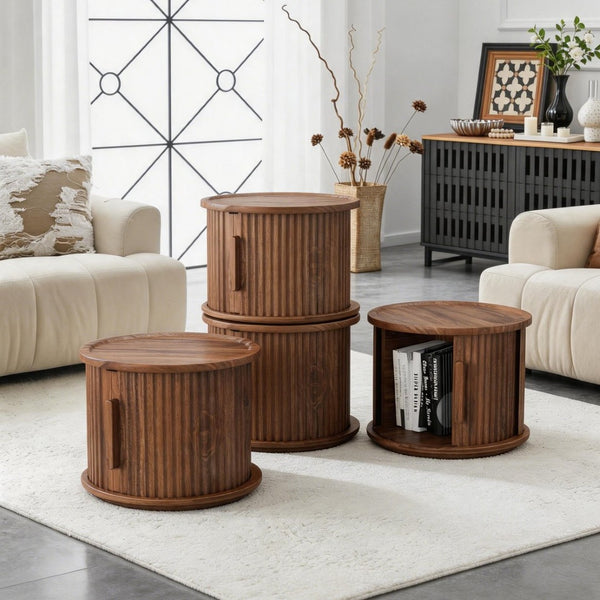 English Elm 4piece Walnut Nesting Tables Fluted Column Base with Sliding Cabinet Storage Accent Set W578S00032