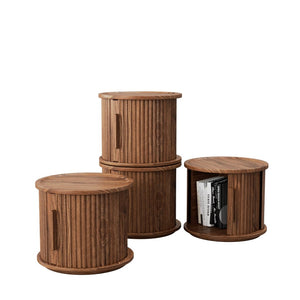 English Elm 4piece Walnut Nesting Tables Fluted Column Base with Sliding Cabinet Storage Accent Set W578S00032
