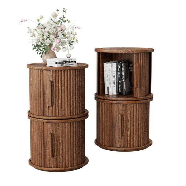 English Elm 4piece Walnut Nesting Tables Fluted Column Base with Sliding Cabinet Storage Accent Set W578S00032
