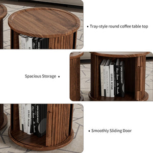English Elm 4piece Walnut Nesting Tables Fluted Column Base with Sliding Cabinet Storage Accent Set W578S00032