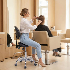 English Elm Saddle Stool Ergonomic Swivel Seat Hydraulic Lift Backrest Footrest for Clinical Use Black W5797P481958