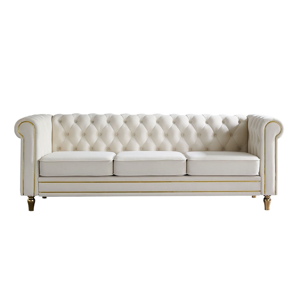 English Elm Chesterfield Velvet Tufted Sofa with Gold Trim Legs English Club Style Living Room Beige W579S00028
