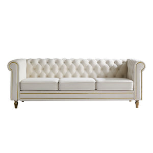 English Elm Chesterfield Velvet Tufted Sofa with Gold Trim Legs English Club Style Living Room Beige W579S00028
