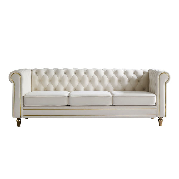 English Elm Chesterfield Velvet Tufted Sofa with Gold Trim Legs English Club Style Living Room Beige W579S00028