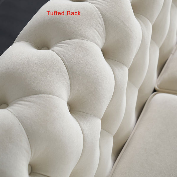 English Elm Chesterfield Velvet Tufted Sofa with Gold Trim Legs English Club Style Living Room Beige W579S00028