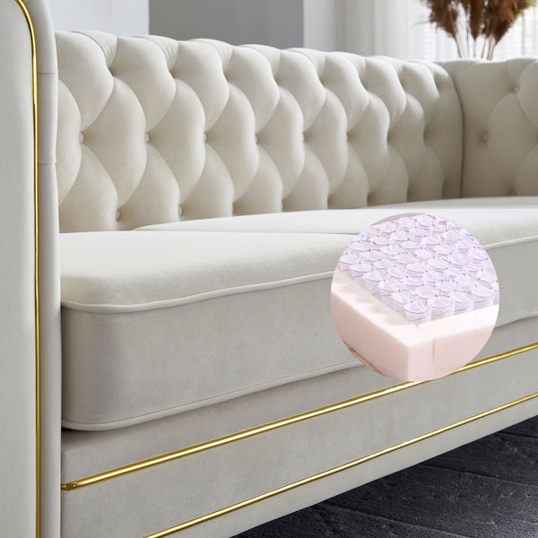 English Elm Chesterfield Velvet Tufted Sofa with Gold Trim Legs English Club Style Living Room Beige W579S00028