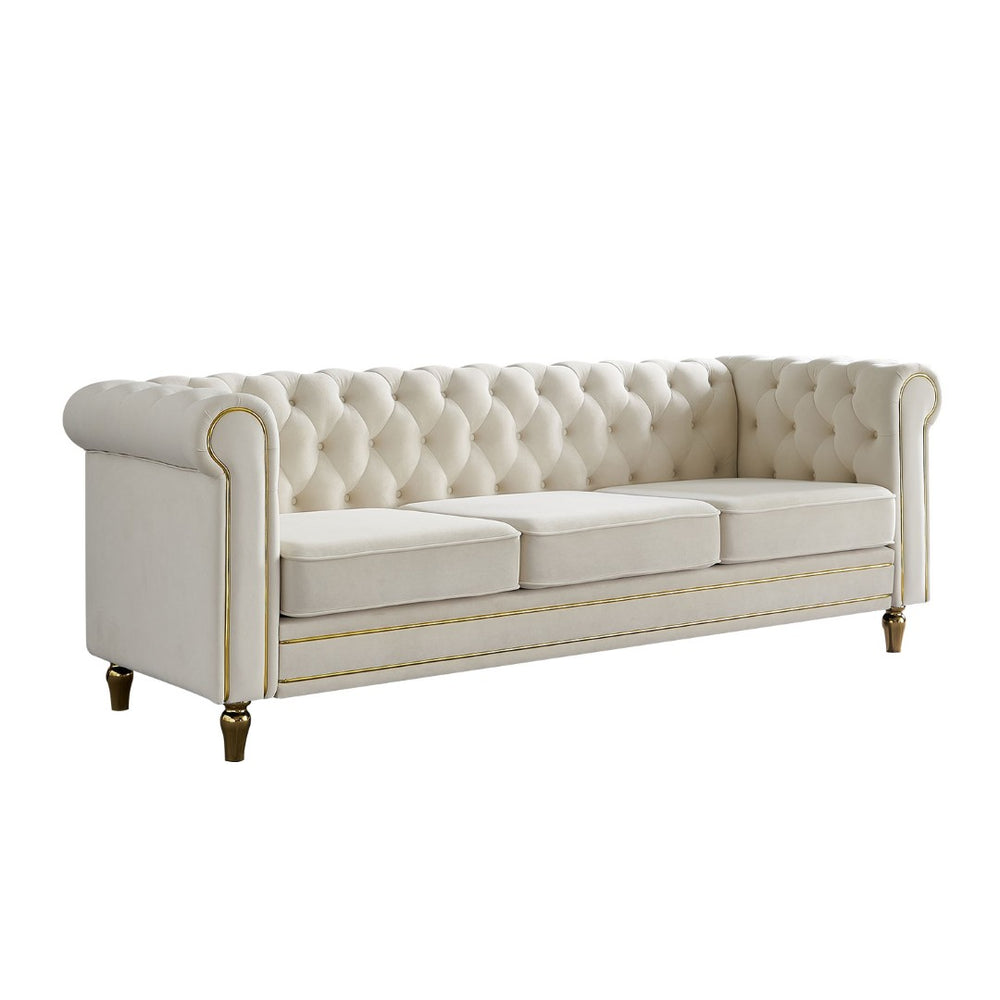 English Elm Chesterfield Velvet Tufted Sofa with Gold Trim Legs English Club Style Living Room Beige W579S00028