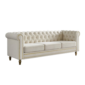 English Elm Chesterfield Velvet Tufted Sofa with Gold Trim Legs English Club Style Living Room Beige W579S00028