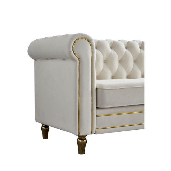 English Elm Chesterfield Velvet Tufted Sofa with Gold Trim Legs English Club Style Living Room Beige W579S00028
