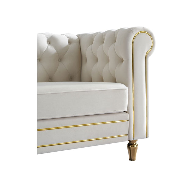 English Elm Chesterfield Velvet Tufted Sofa with Gold Trim Legs English Club Style Living Room Beige W579S00028