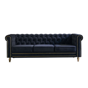 English Elm Chesterfield Velvet Tufted Sofa with Gold Trim Legs English Club Style Living Room Black W579S00029