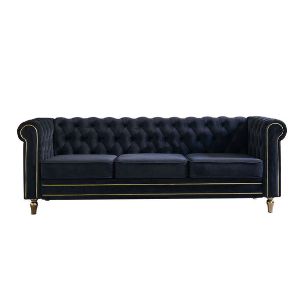 English Elm Chesterfield Velvet Tufted Sofa with Gold Trim Legs English Club Style Living Room Black W579S00029