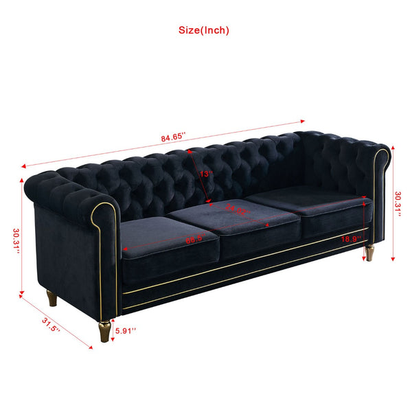 English Elm Chesterfield Velvet Tufted Sofa with Gold Trim Legs English Club Style Living Room Black W579S00029