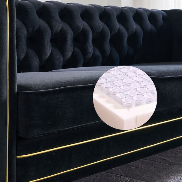 English Elm Chesterfield Velvet Tufted Sofa with Gold Trim Legs English Club Style Living Room Black W579S00029