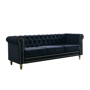 English Elm Chesterfield Velvet Tufted Sofa with Gold Trim Legs English Club Style Living Room Black W579S00029