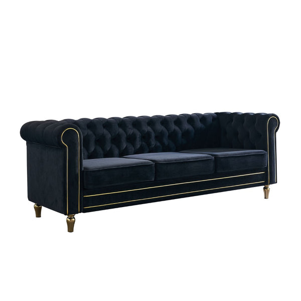 English Elm Chesterfield Velvet Tufted Sofa with Gold Trim Legs English Club Style Living Room Black W579S00029
