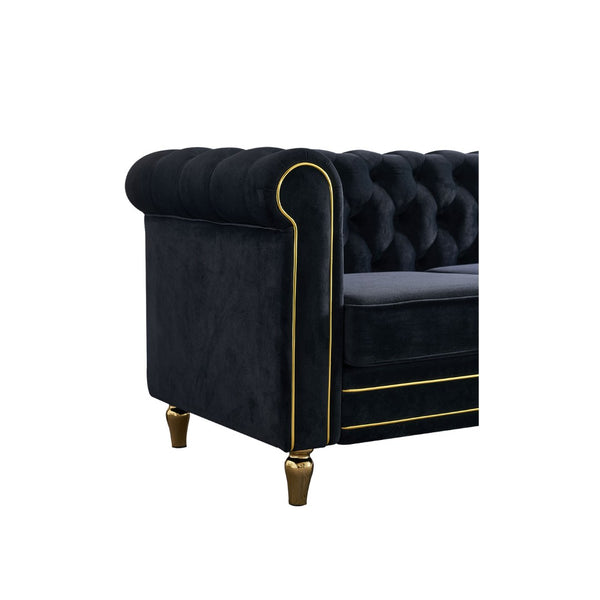 English Elm Chesterfield Velvet Tufted Sofa with Gold Trim Legs English Club Style Living Room Black W579S00029