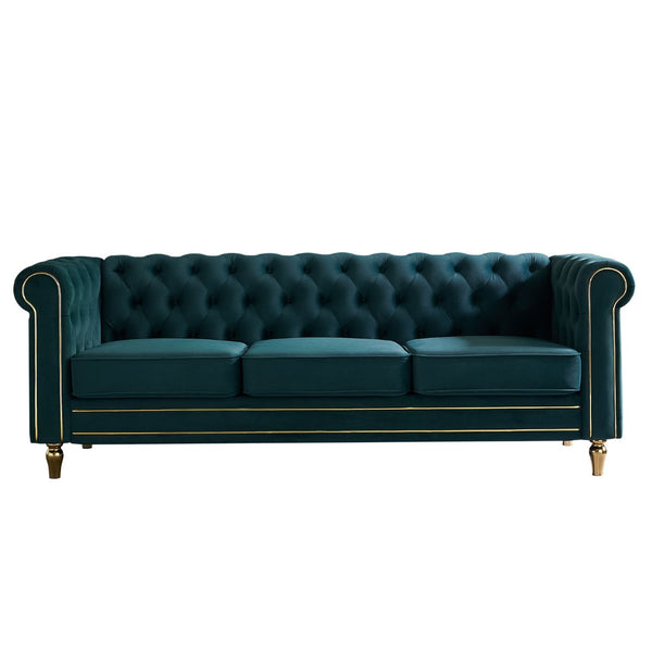 English Elm Chesterfield Velvet Tufted Sofa with Gold Trim Rolled Arms for Elegant Living Rooms Green W579S00030
