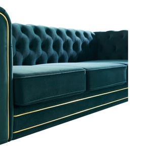 English Elm Chesterfield Velvet Tufted Sofa with Gold Trim Rolled Arms for Elegant Living Rooms Green W579S00030