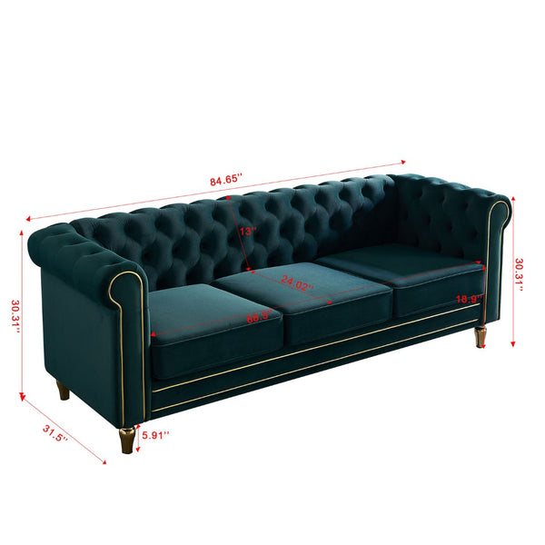 English Elm Chesterfield Velvet Tufted Sofa with Gold Trim Rolled Arms for Elegant Living Rooms Green W579S00030