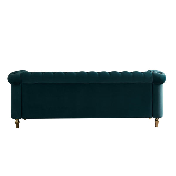 English Elm Chesterfield Velvet Tufted Sofa with Gold Trim Rolled Arms for Elegant Living Rooms Green W579S00030