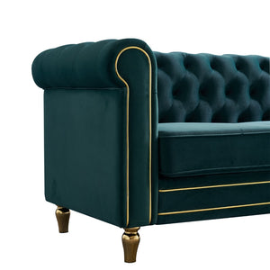 English Elm Chesterfield Velvet Tufted Sofa with Gold Trim Rolled Arms for Elegant Living Rooms Green W579S00030