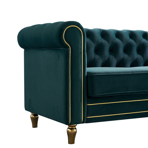 English Elm Chesterfield Velvet Tufted Sofa with Gold Trim Rolled Arms for Elegant Living Rooms Green W579S00030