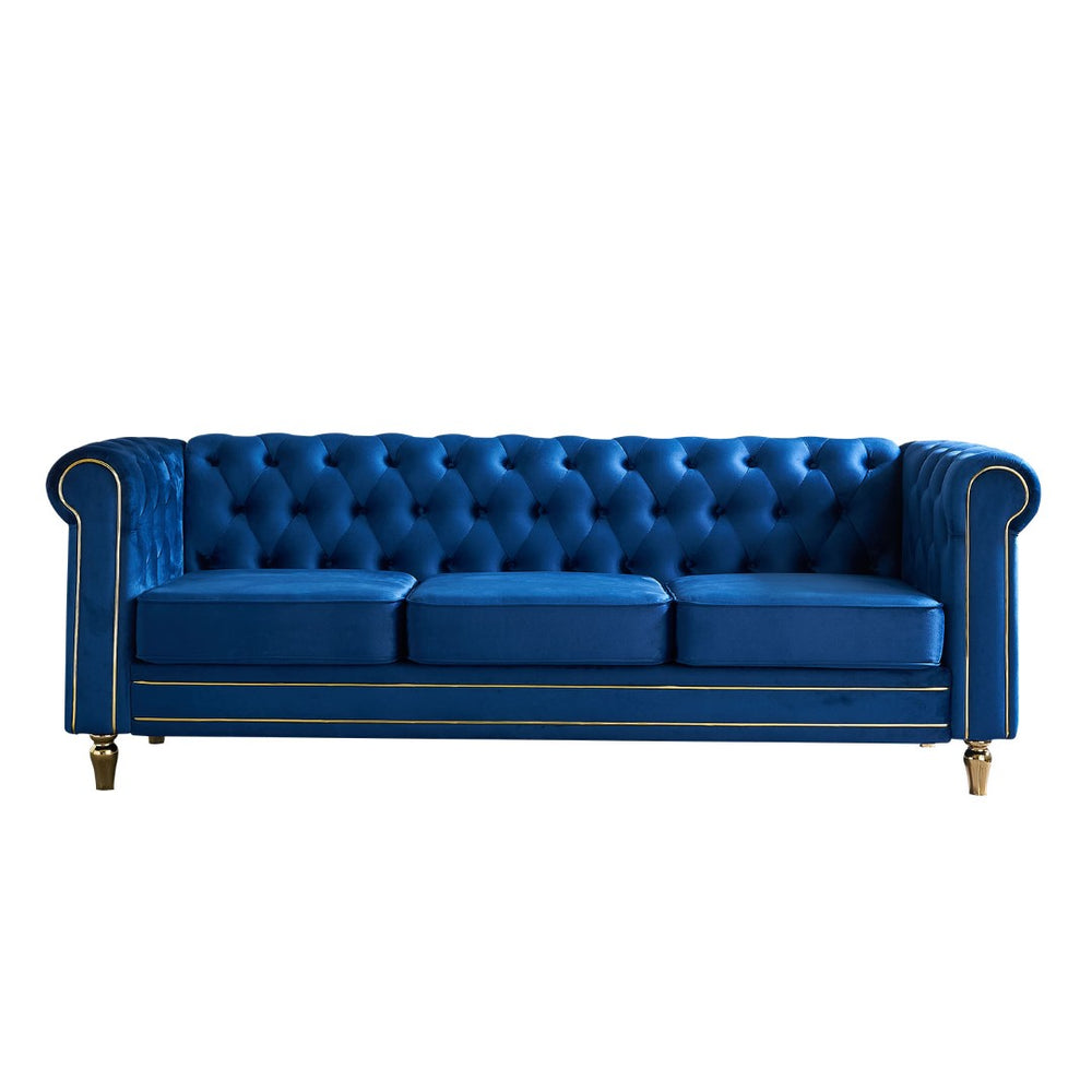 English Elm Chesterfield Velvet Tufted Sofa with Gold Trim Rolled Arms for Elegant Living Rooms Blue W579S00031