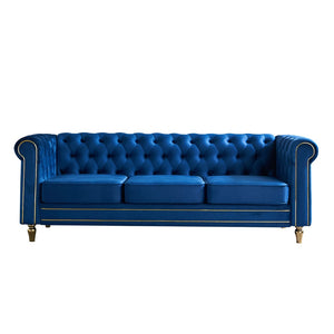 English Elm Chesterfield Velvet Tufted Sofa with Gold Trim Rolled Arms for Elegant Living Rooms Blue W579S00031