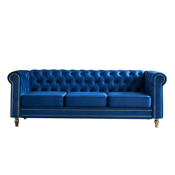 English Elm Chesterfield Velvet Tufted Sofa with Gold Trim Rolled Arms for Elegant Living Rooms Blue W579S00031