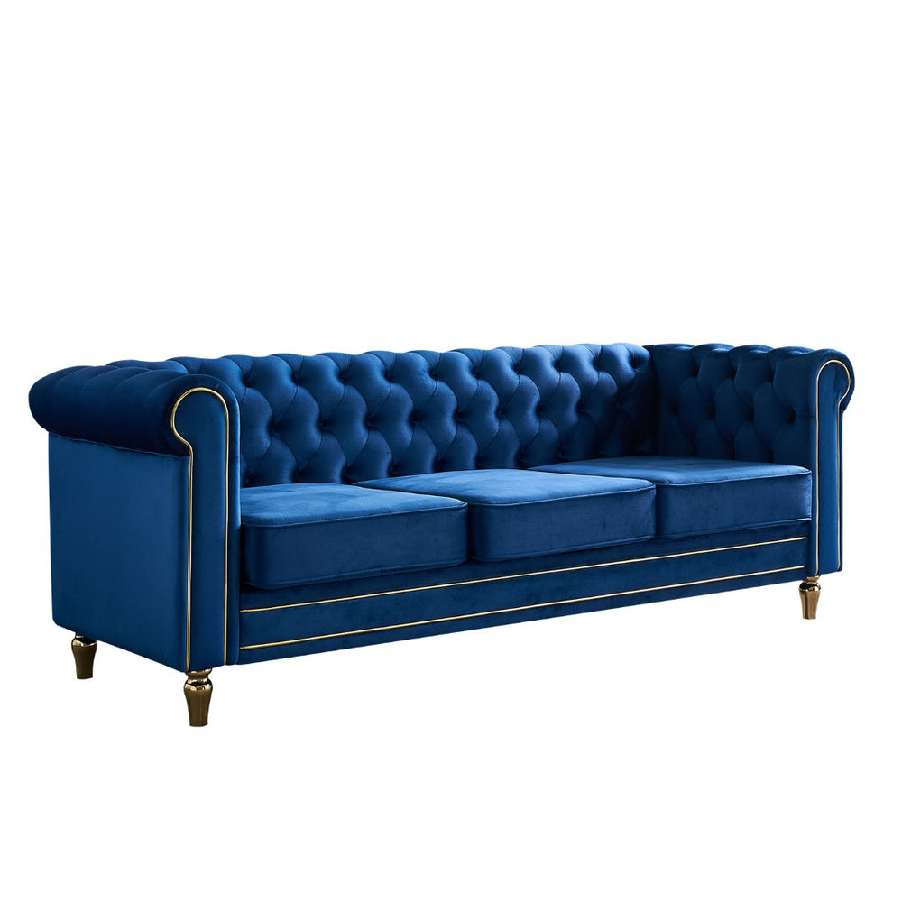 English Elm Chesterfield Velvet Tufted Sofa with Gold Trim Rolled Arms for Elegant Living Rooms Blue W579S00031