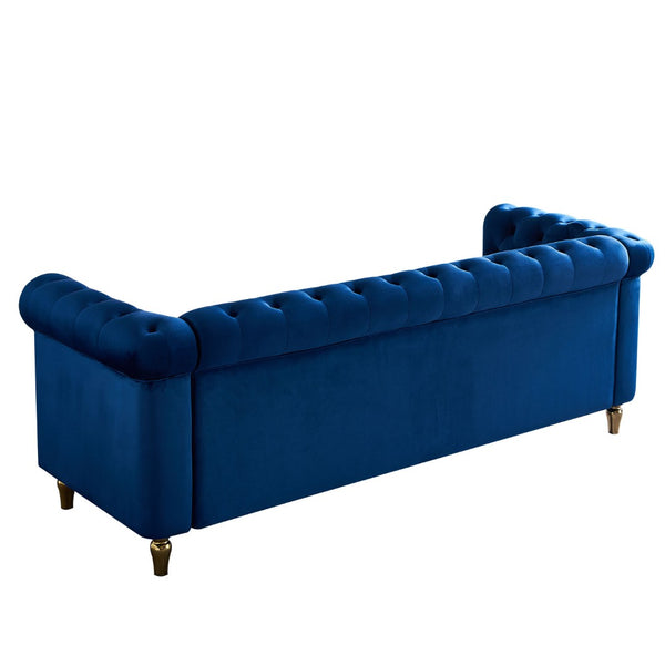 English Elm Chesterfield Velvet Tufted Sofa with Gold Trim Rolled Arms for Elegant Living Rooms Blue W579S00031