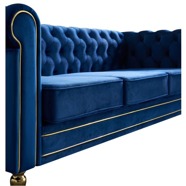 English Elm Chesterfield Velvet Tufted Sofa with Gold Trim Rolled Arms for Elegant Living Rooms Blue W579S00031