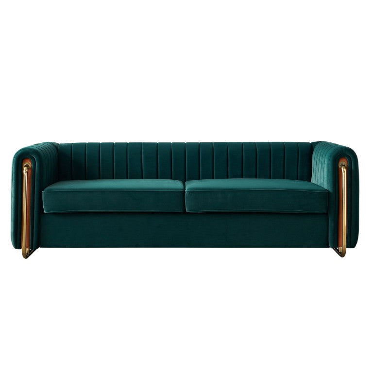 English Elm Contemporary Channel Tufted Velvet Sofa with Gold Legs for Modern Living Rooms Green W579S00044
