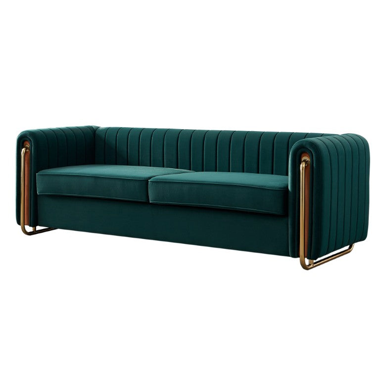English Elm Contemporary Channel Tufted Velvet Sofa with Gold Legs for Modern Living Rooms Green W579S00044