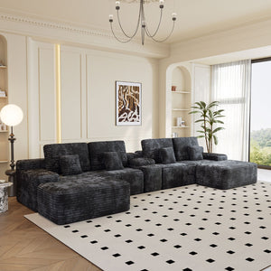English Elm 150''width Five Piece U-shaped Sectional Plush Corduroy Sofa with Ottomans for Living Room W579S00058