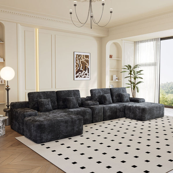 English Elm 150''width Five Piece U-shaped Sectional Plush Corduroy Sofa with Ottomans for Living Room W579S00058