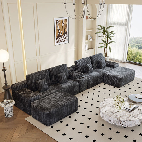 English Elm 150''width Five Piece U-shaped Sectional Plush Corduroy Sofa with Ottomans for Living Room W579S00058