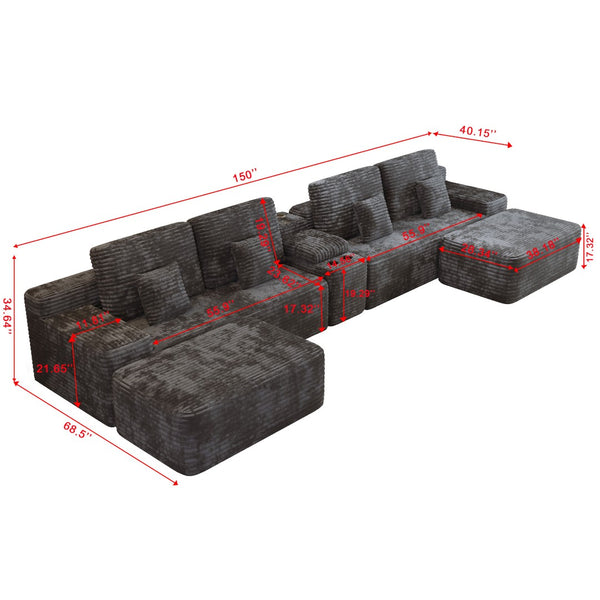 English Elm 150''width Five Piece U-shaped Sectional Plush Corduroy Sofa with Ottomans for Living Room W579S00058