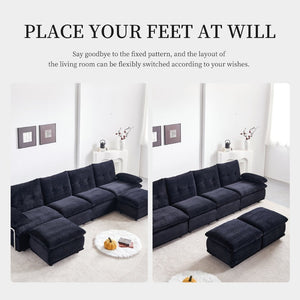 English Elm Corduroy Modular Sectional Sofa with Two Ottomans for Spacious Living Room Lounging W579S00059