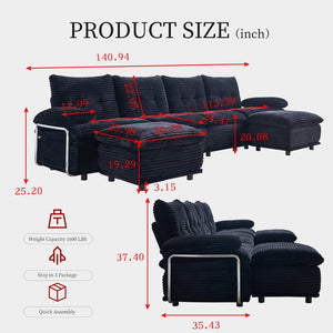 English Elm Corduroy Modular Sectional Sofa with Two Ottomans for Spacious Living Room Lounging W579S00059