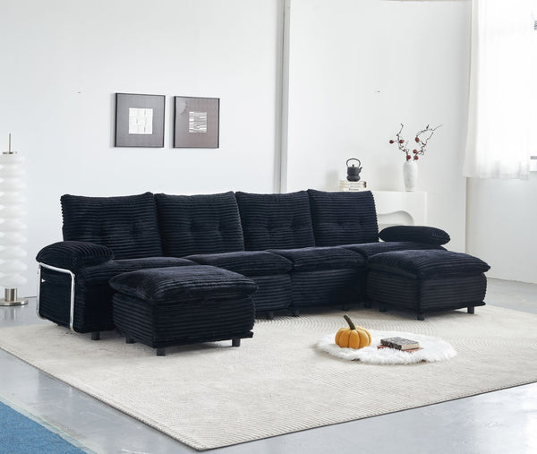 English Elm Corduroy Modular Sectional Sofa with Two Ottomans for Spacious Living Room Lounging W579S00059