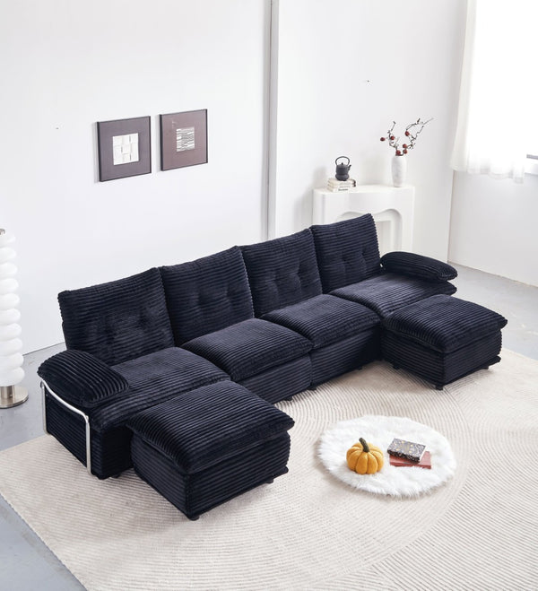 English Elm Corduroy Modular Sectional Sofa with Two Ottomans for Spacious Living Room Lounging W579S00059