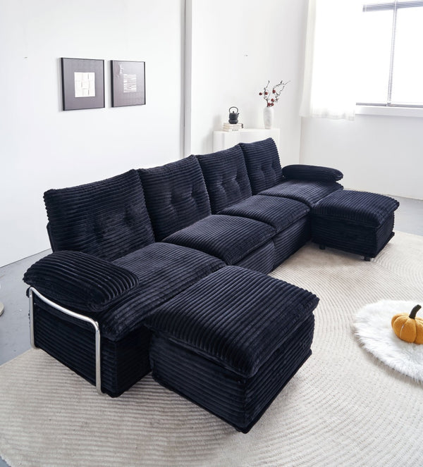 English Elm Corduroy Modular Sectional Sofa with Two Ottomans for Spacious Living Room Lounging W579S00059