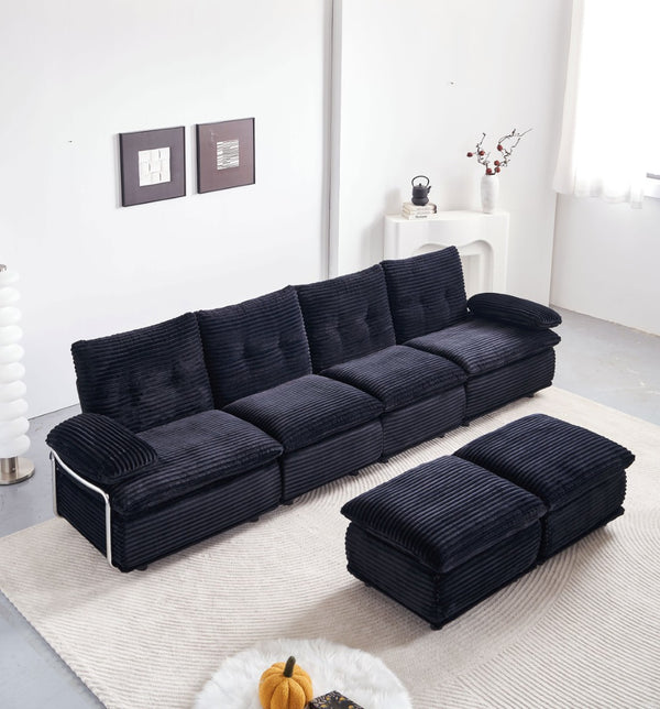 English Elm Corduroy Modular Sectional Sofa with Two Ottomans for Spacious Living Room Lounging W579S00059