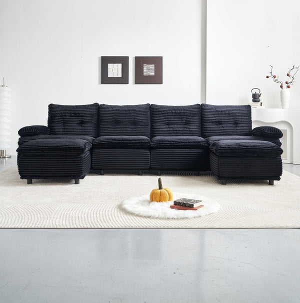 English Elm Corduroy Modular Sectional Sofa with Two Ottomans for Spacious Living Room Lounging W579S00059