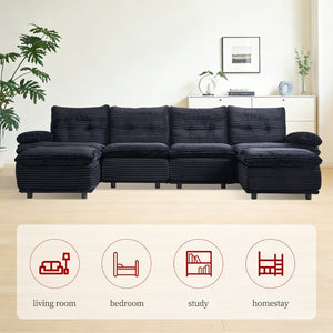 English Elm Corduroy Modular Sectional Sofa with Two Ottomans for Spacious Living Room Lounging W579S00059