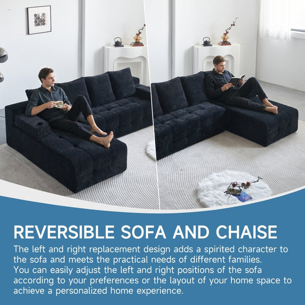 English Elm Modern Chenille L-shaped Sectional with Built-in Charging Pad and Reversible Chaise W579S00060