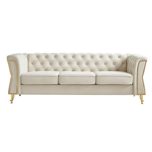 English Elm Modern Velvet Tufted Sofa with Gold Leg Accents Mid-century Style for Living Room Beige W579S00061